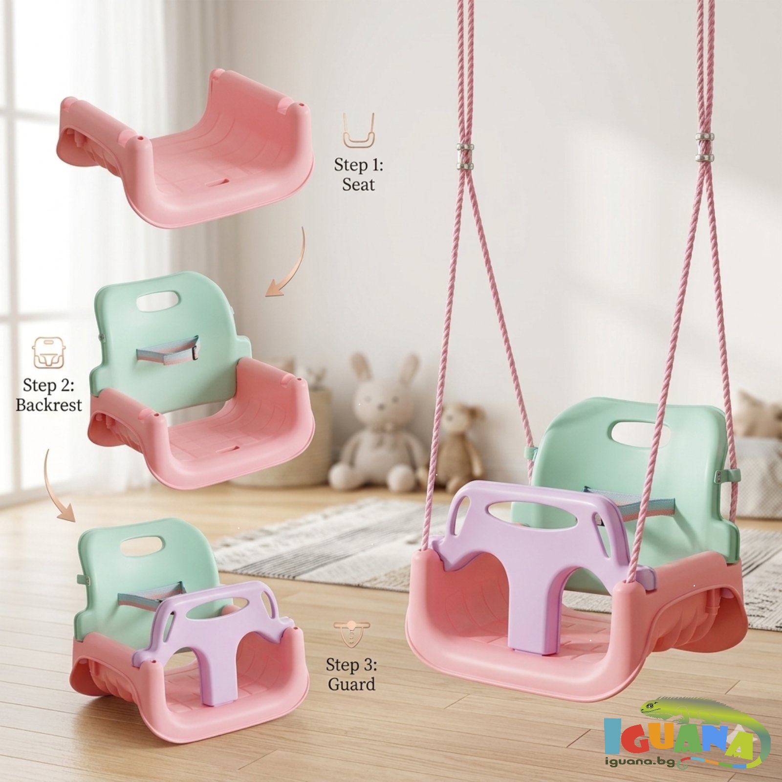 Детска Люлка 3в1 Розово   Зелена  Седалка с Колани за Безопасност за Дом И Градина
