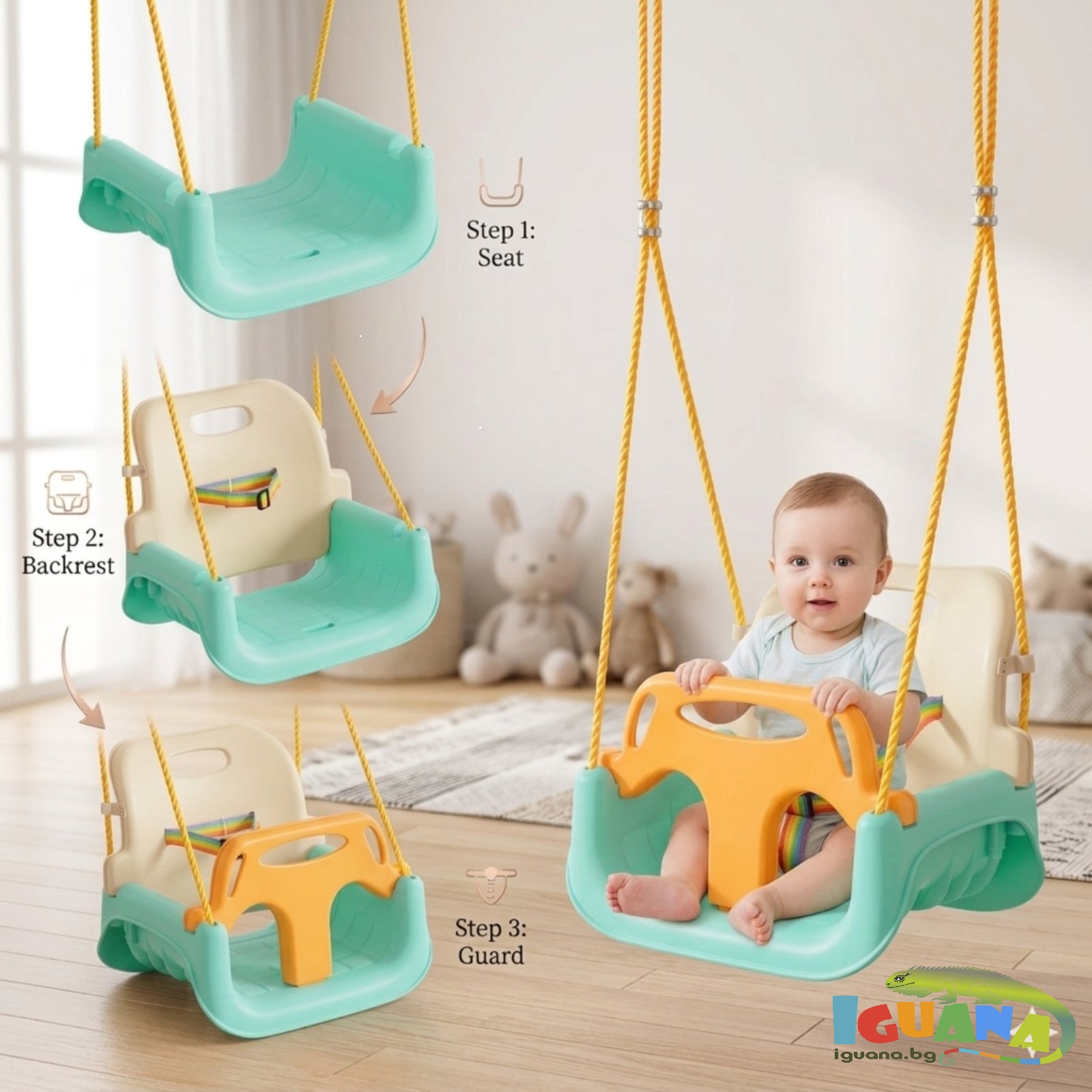 Детска Люлка 3в1 Зелено  Бежова Седалка с Колани за Безопасност за Дом И Градина