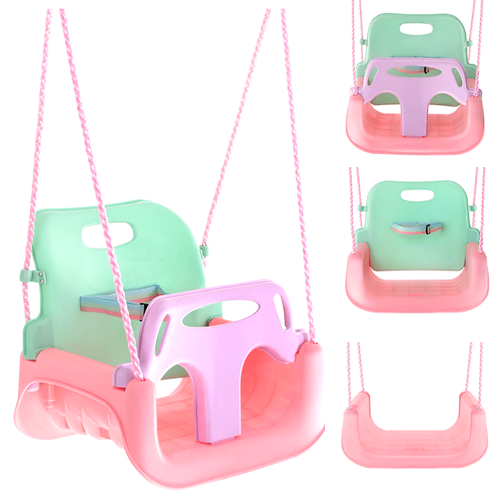 Детска люлка 3 в 1 на въжета за дом и градина, с облегалка и предпазни колани, до 30 кг, розово-тюркоазена