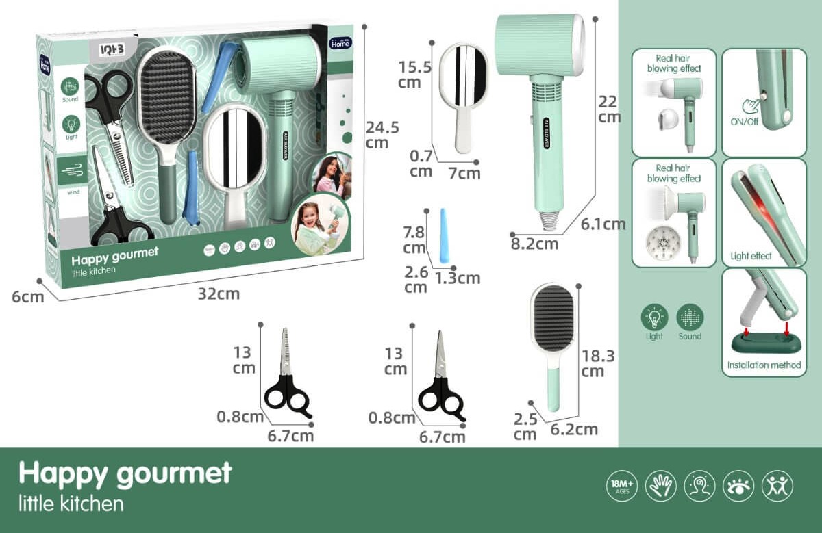 Фризьорски Комплект с Издухване, Звук и Светлина, Happy Gourmet