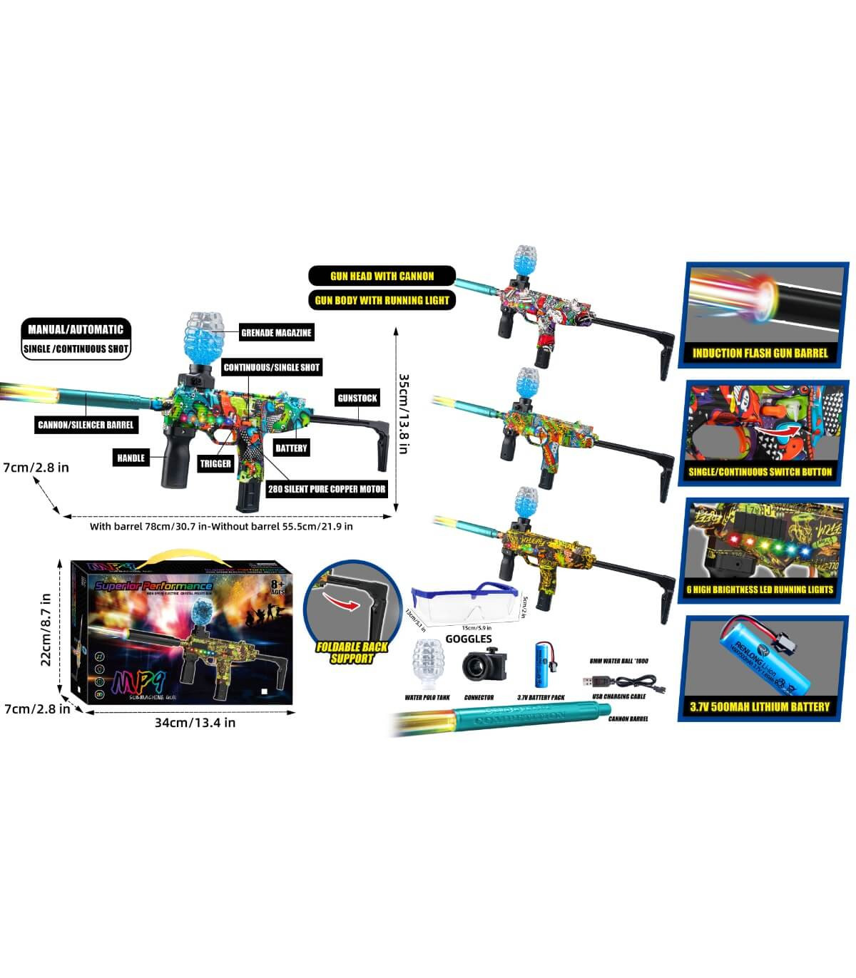 Пушка MP9 с LED светлини, Автоматично изстрелване на гел топчета, Презареждаема батерия, Сгъваем приклад