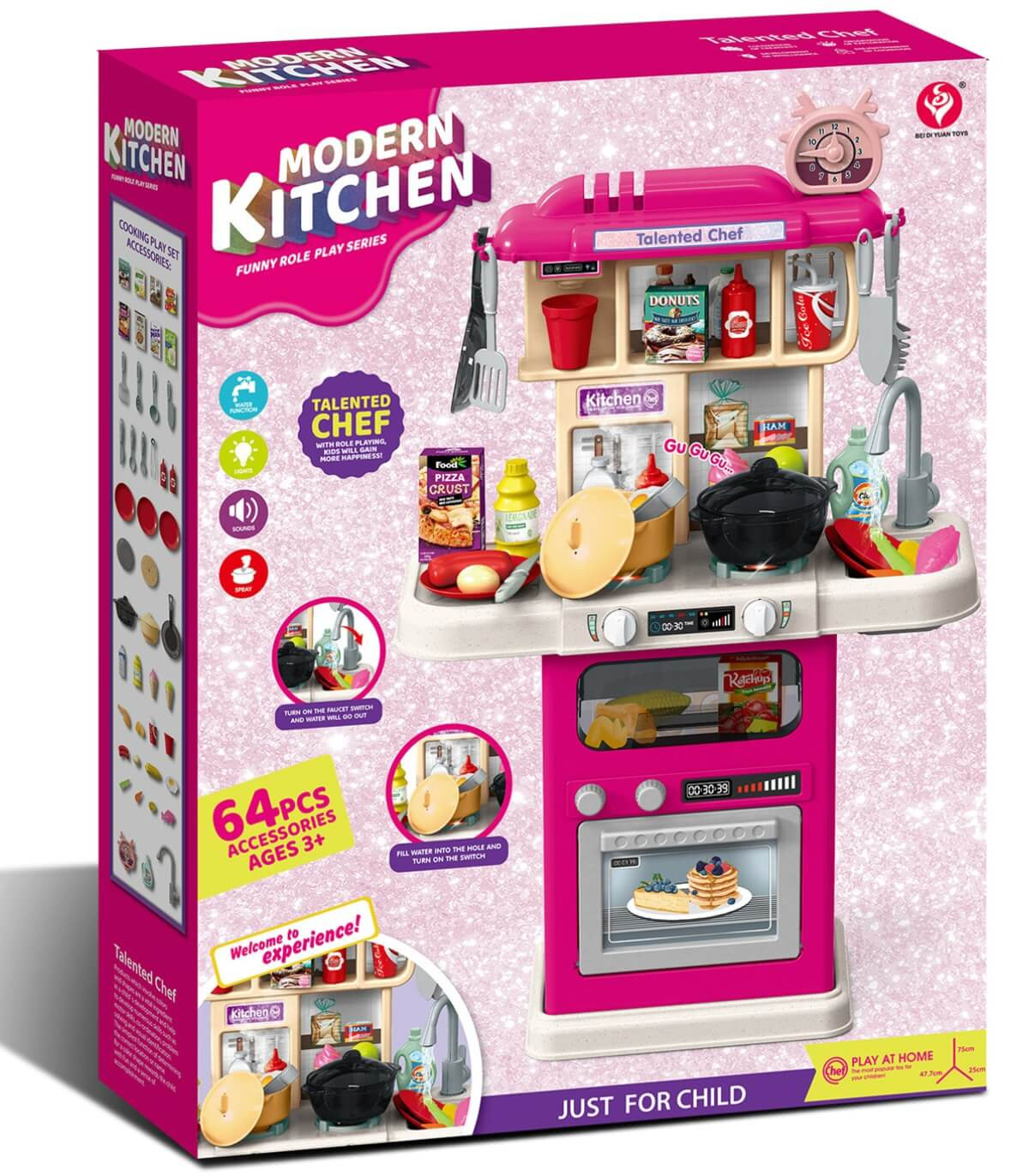 Детска Голяма Розова Кухня с Течаща вода, Пара, Звук и Светлина, 63 Части
