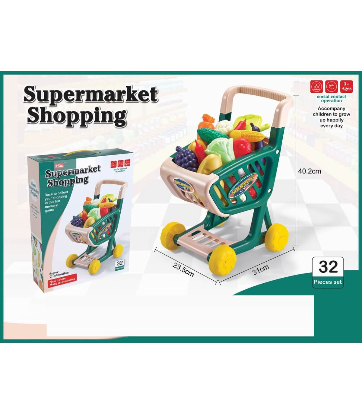 Детска Зелена Количка за Пазаруване с Продукти 32 Части