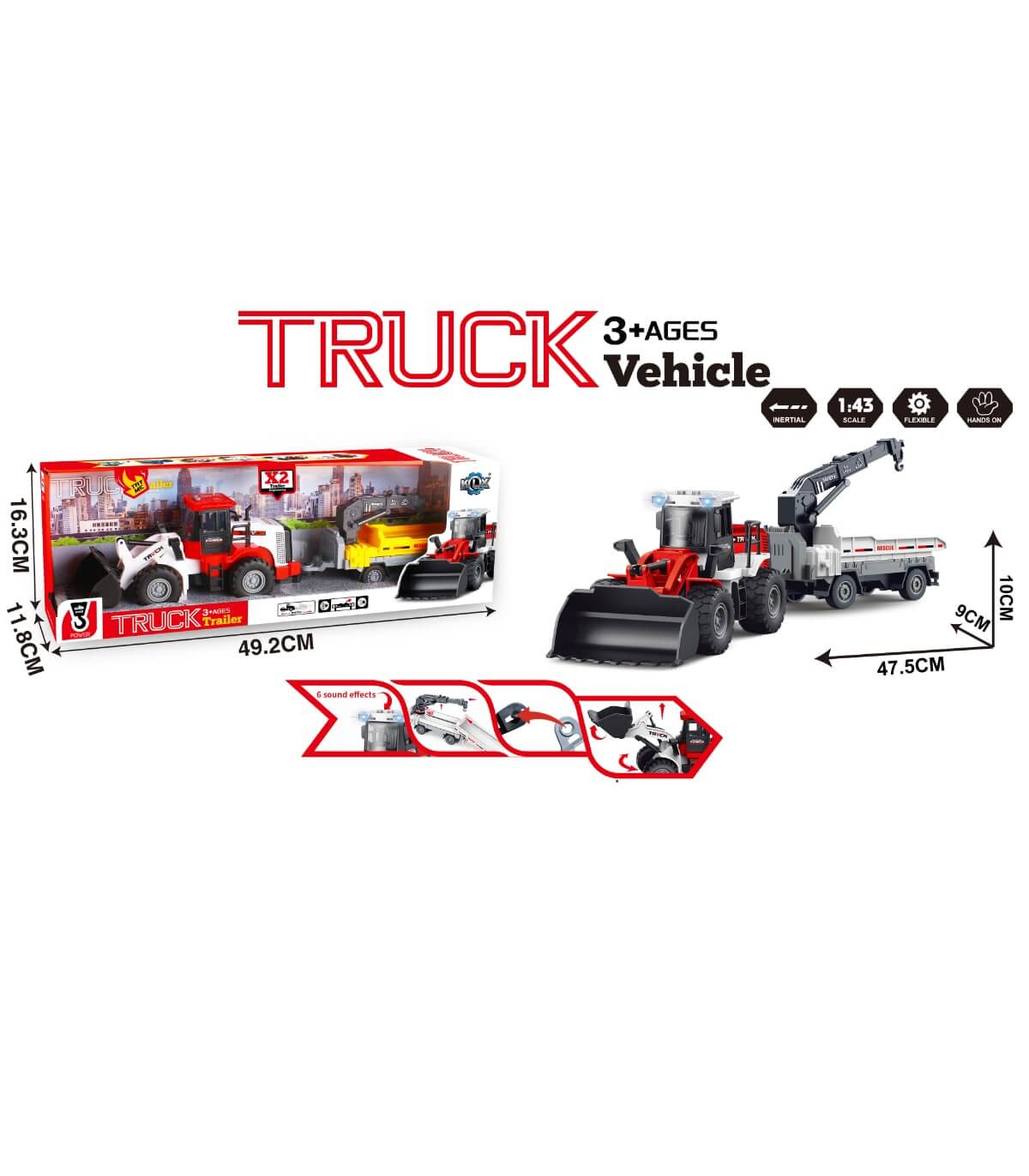 Голям Трактор Фадрома с Ремарке и Кран + Звук и Светлина, 47см дължина