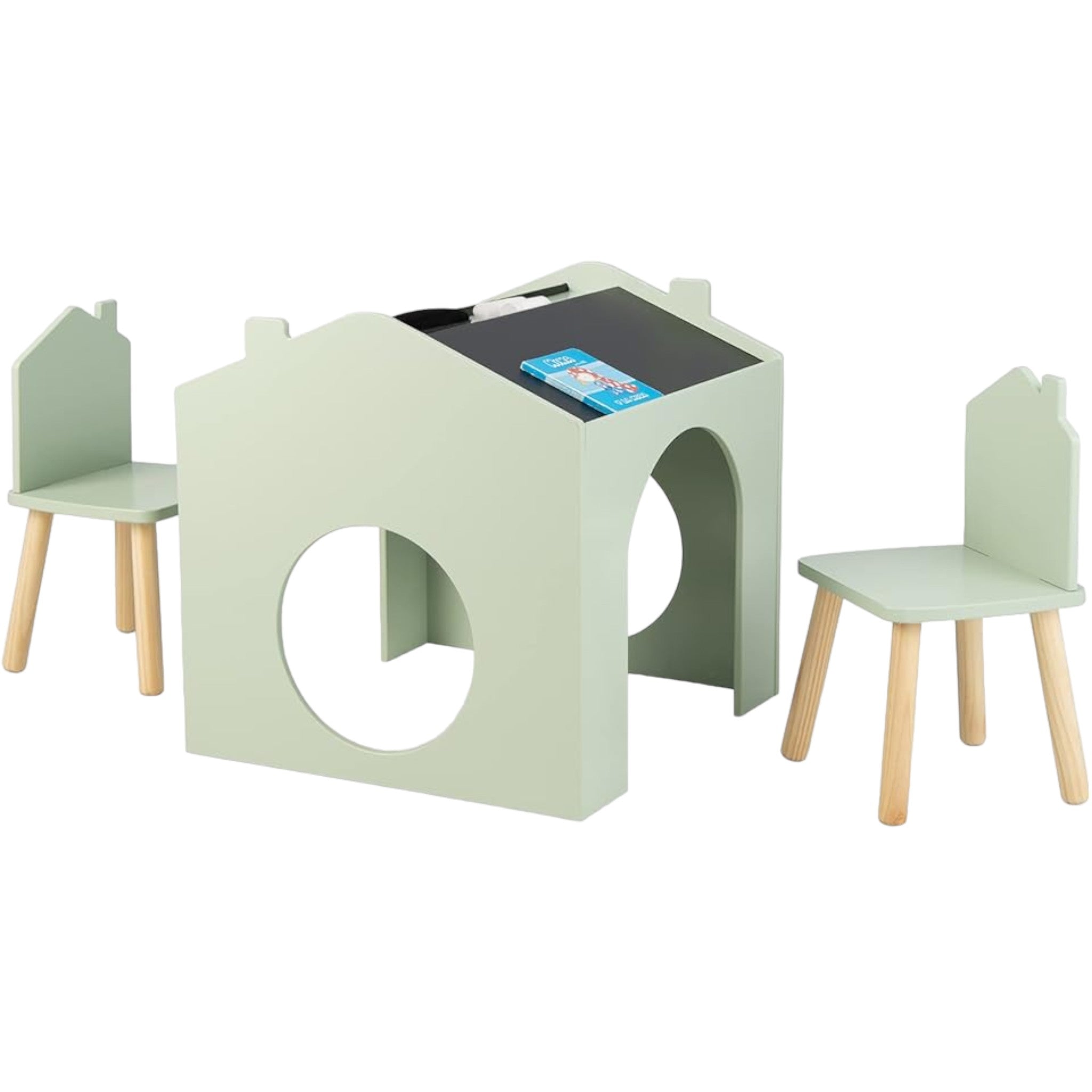 Детска Маса с 2 Столчета - Мултиактивна Къщичка с Черна Дъска, Плот за Рисуване и Четене
