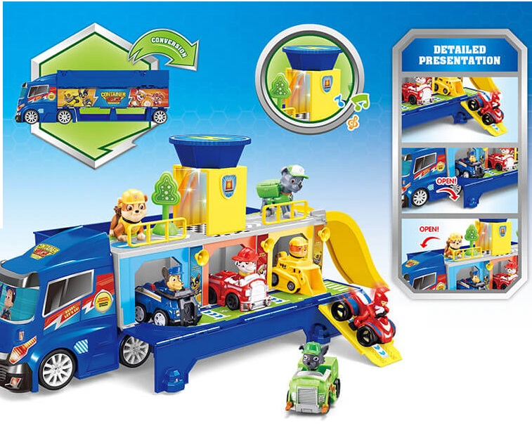 Голям Камион 4в1 - гараж, рампа и писта с пързалка + Звук + Светлини + 5 кученца