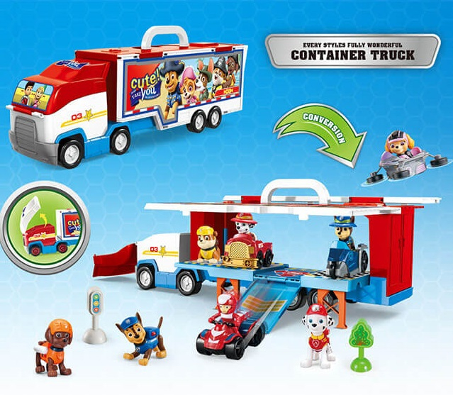 Голям Тир - Куфарче 2в1 с писта и пързалка + 7 кученца