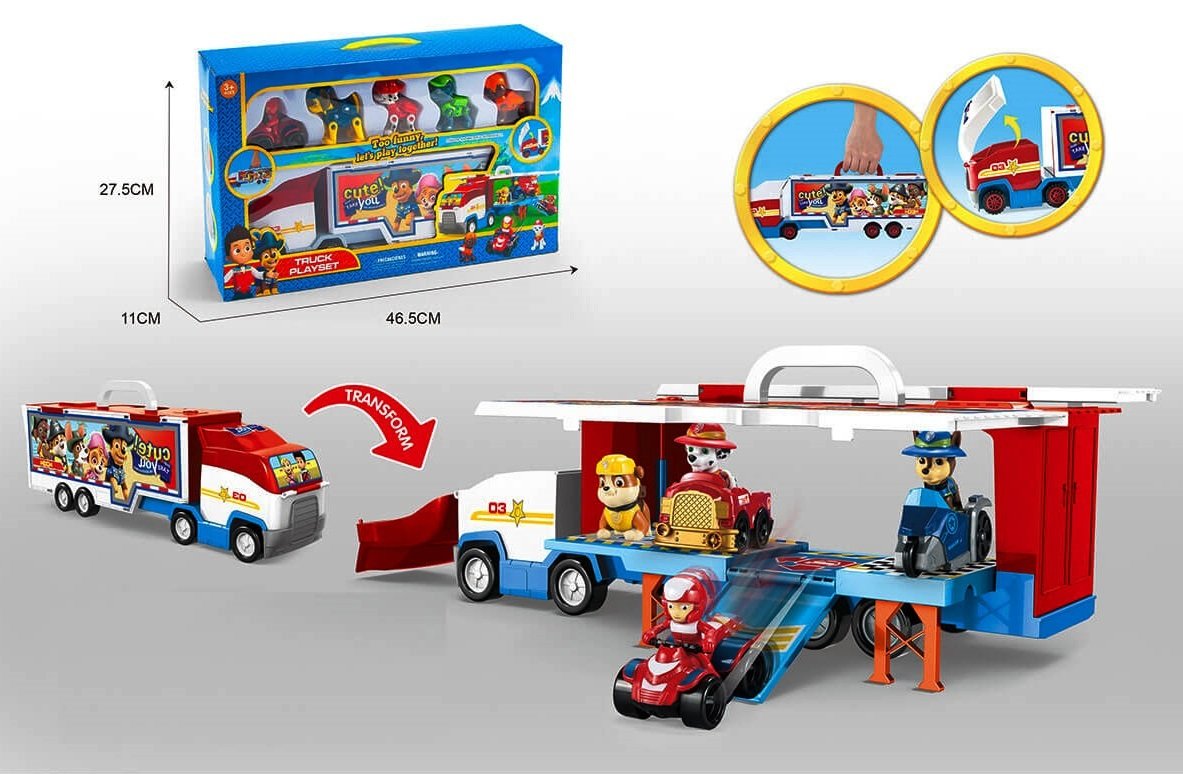 Голям Тир - Куфарче 2в1 с пързалка + 4 кученца и Райдер с ATV