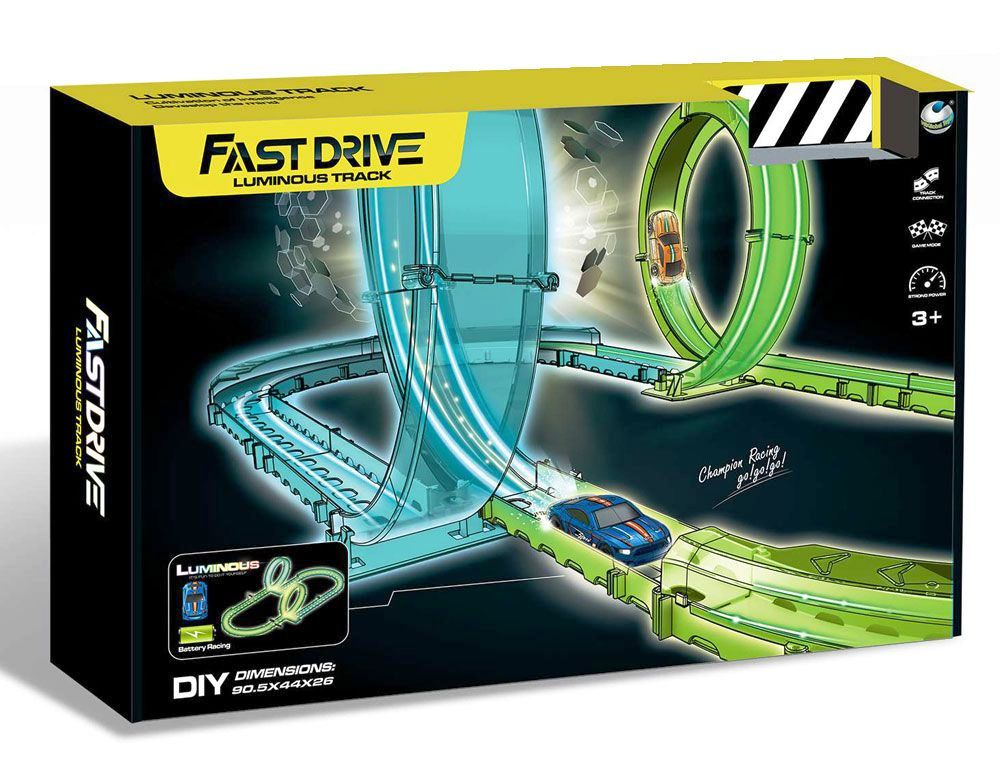 FAST DRIVE Светеща писта с два лупинга и количка