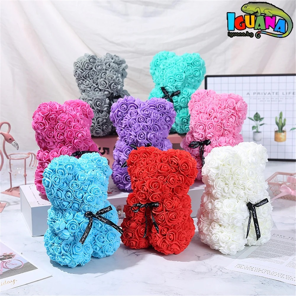 Мече от рози с панделка 20см, 25см, 40см в подаръчна кутия - Iguana.bg