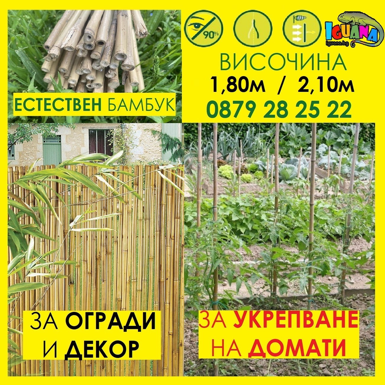 Колчета за домати от бамбук 180см / 210см кол, бамбукови пръчки 1,80м или 2,10м Iguana.bg