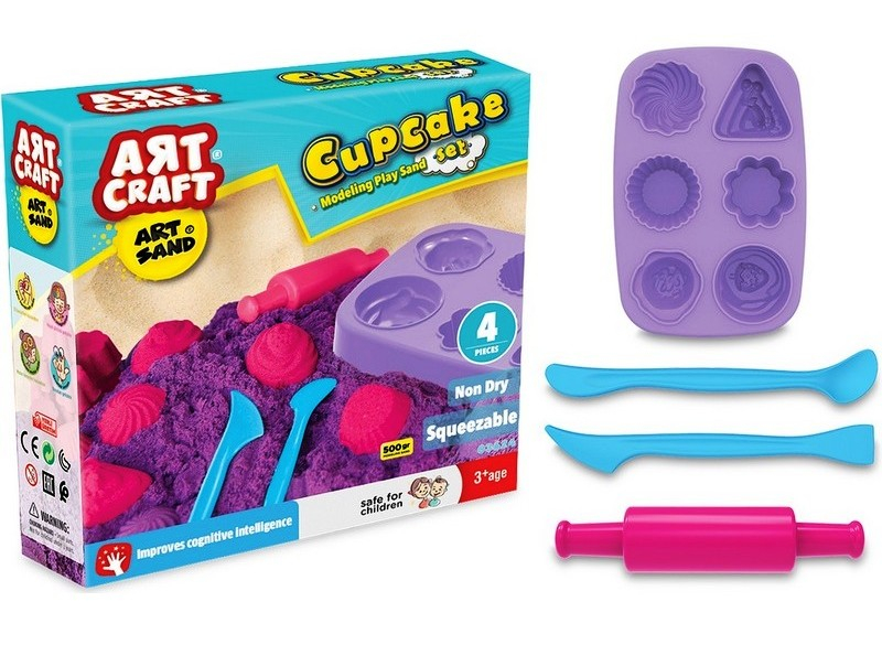 Кинетичен пясък с формички за кексчета и инструменти, 500гр, DEDE