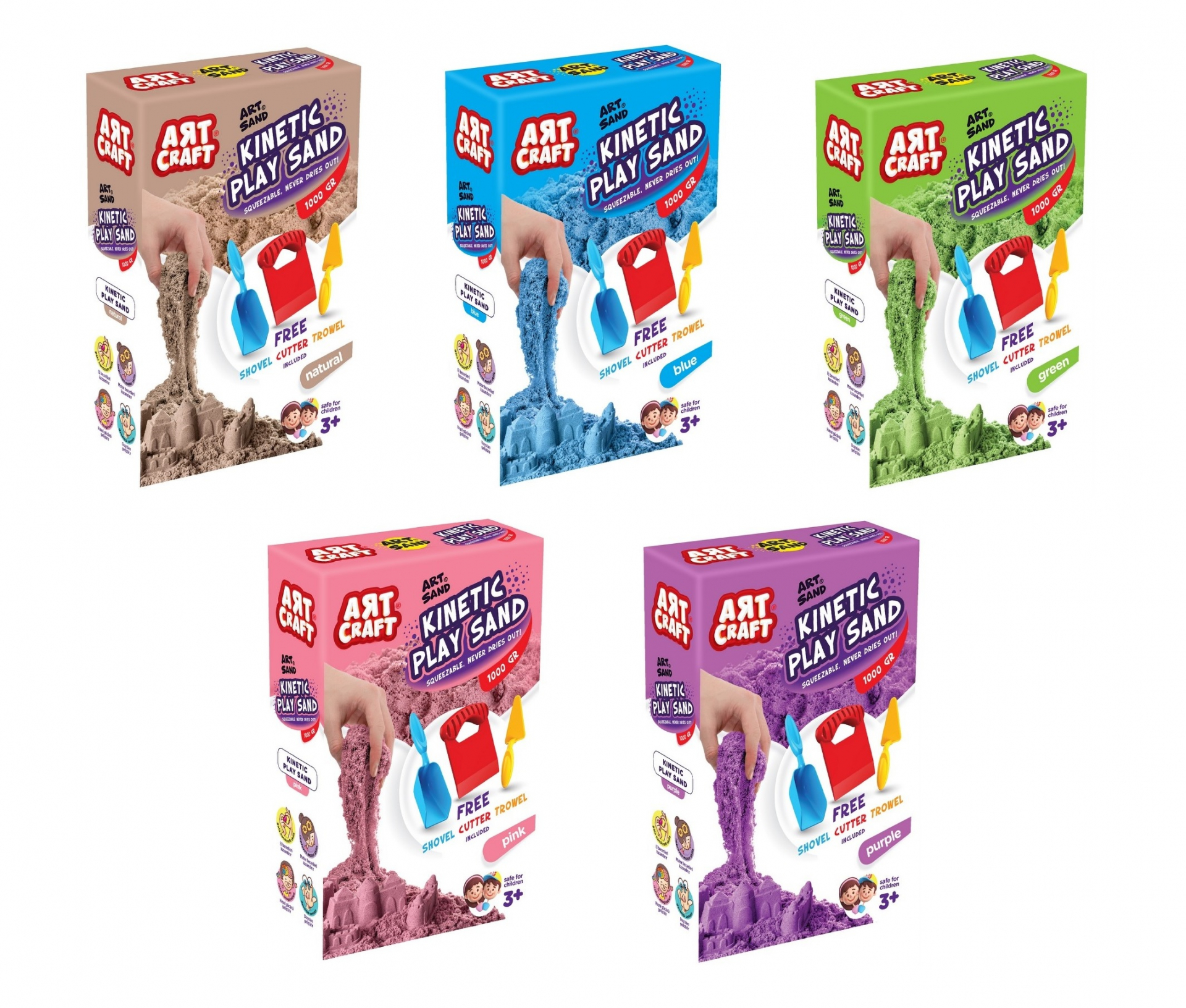 Кинетичен пясък 1000гр, с три инструмента, 5 цвята, лунен пясък, DEDE