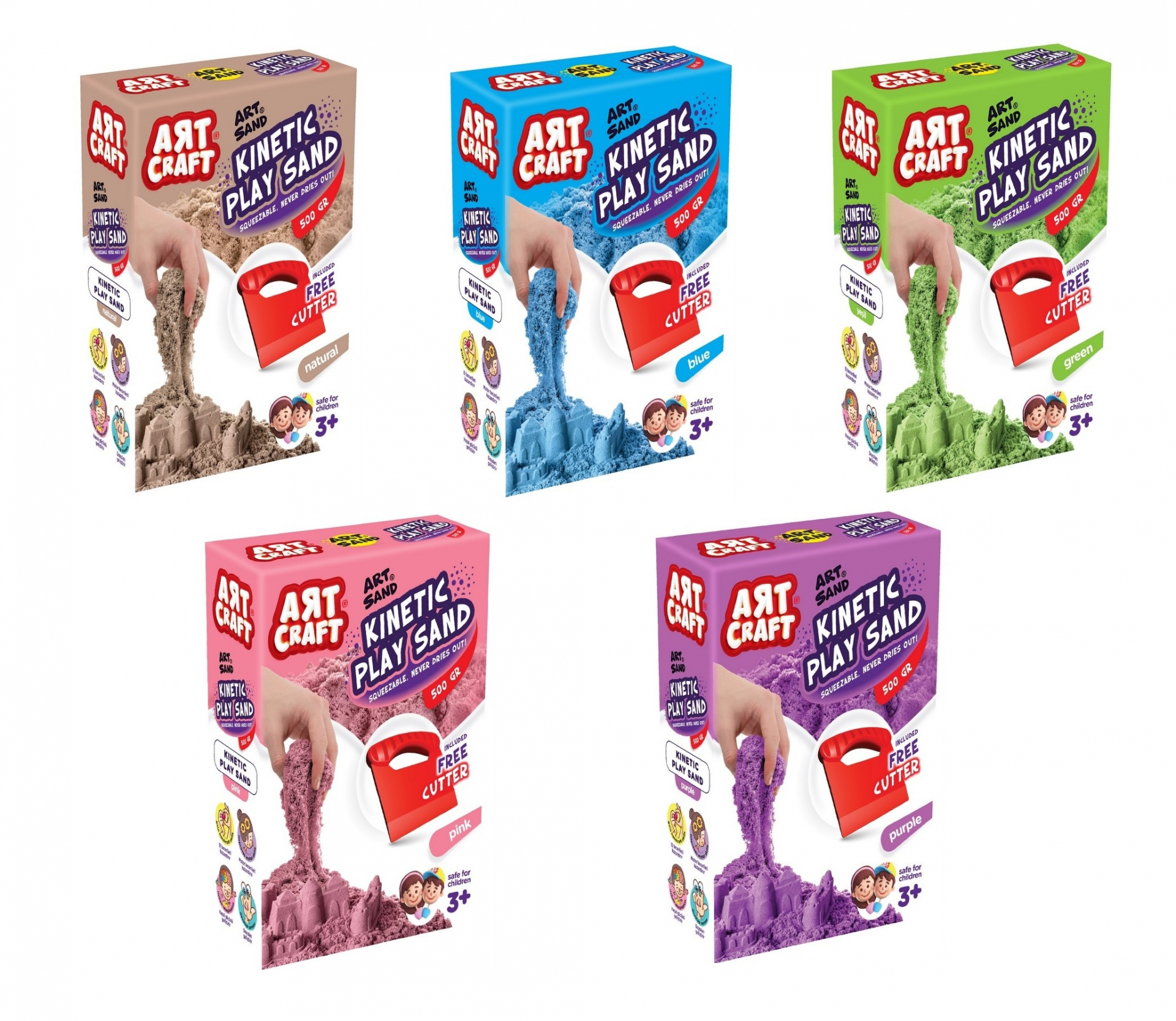 Кинетичен пясък 500гр, с инструмент, 5 цвята, лунен пясък, DEDE