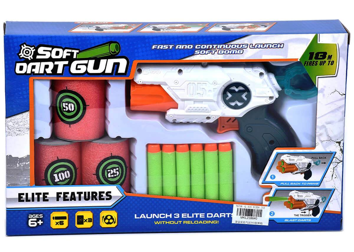 Пистолет с 6 меки стрели и 5 мишени - кенчета