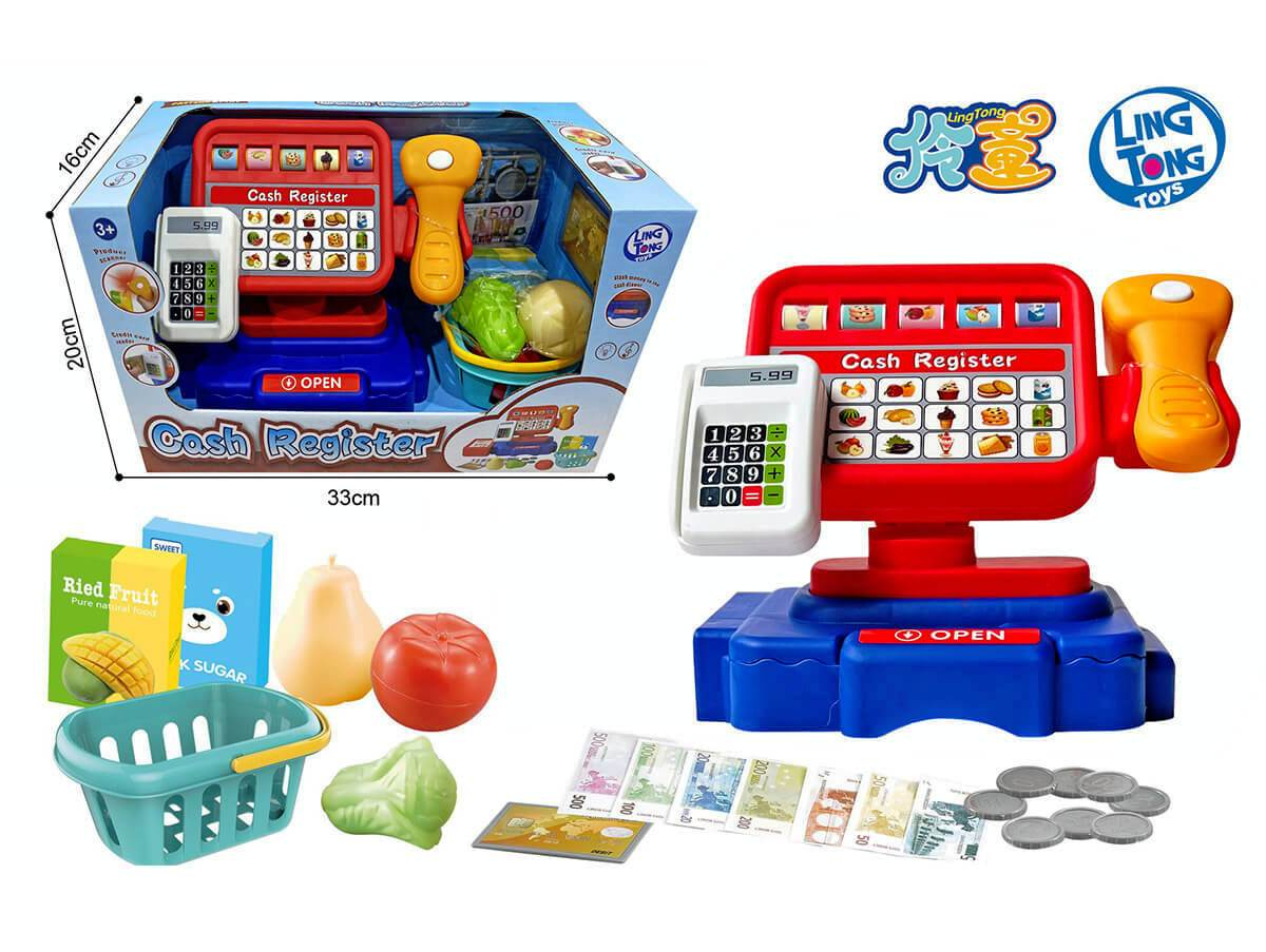 Касов апарат с плод и зеленчук, ЗВУК и СВЕТЛИНИ на четеца, кошница, монети и банкноти