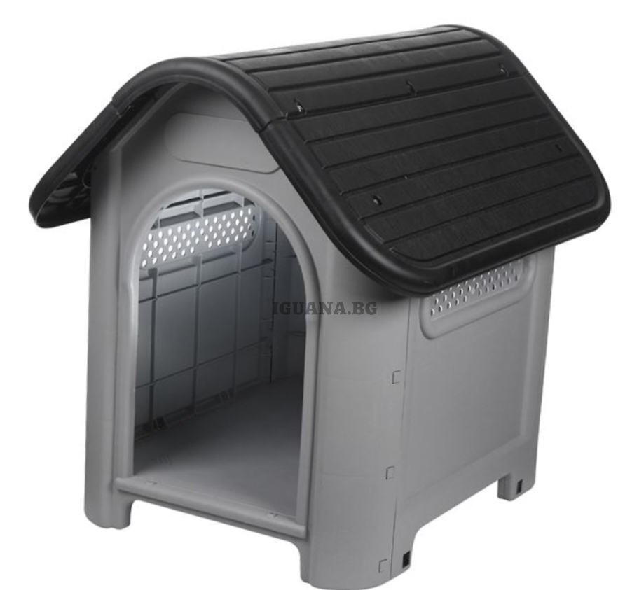 Къща за кучета 75х59х66см, кучешка колибка сива с черен покрив, пластмаса