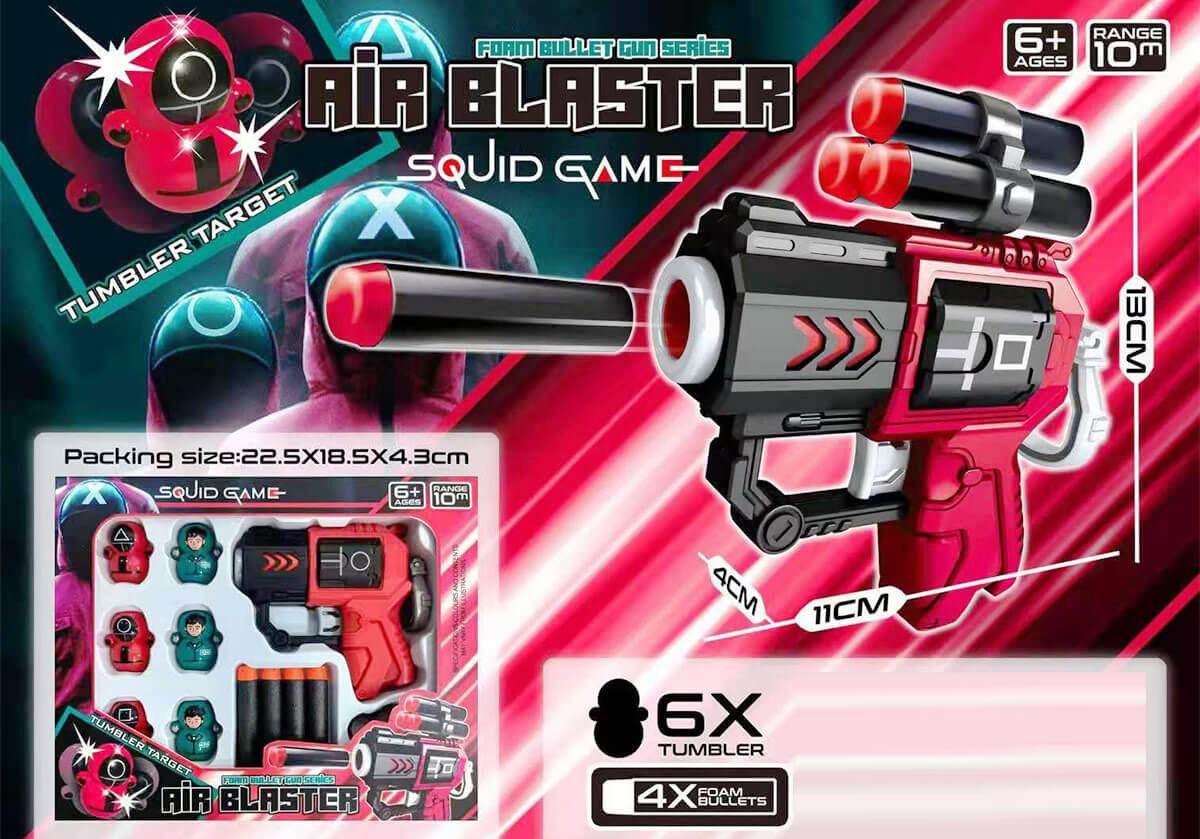 Комплект - пистолет с 4 меки стрели и 6 фигурки-мишени SQUID GAME, Игра на калмари