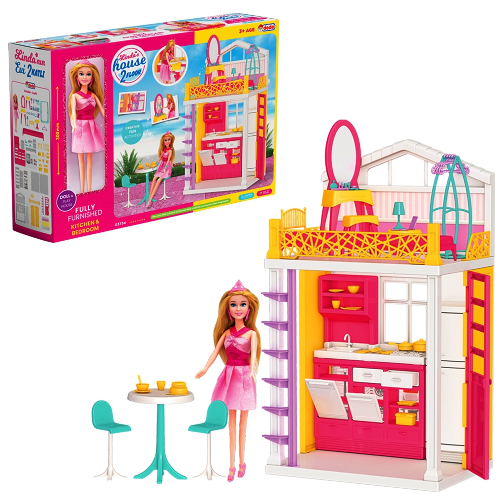 Двуетажна къща на Линда, къща за кукли с мебели, 49x34x16см, DEDE