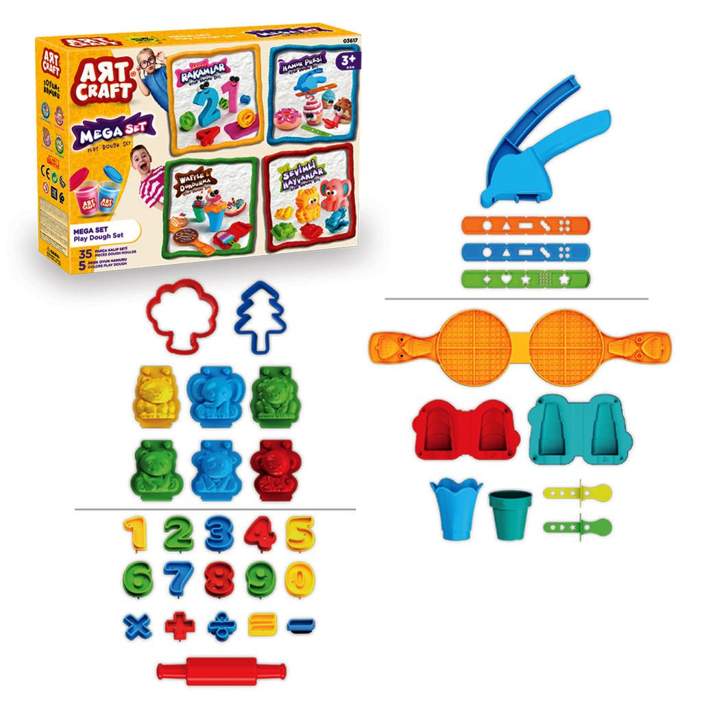 МЕГА СЕТ пластелин с преса, ролера и 3D формички на цифри, DEDE