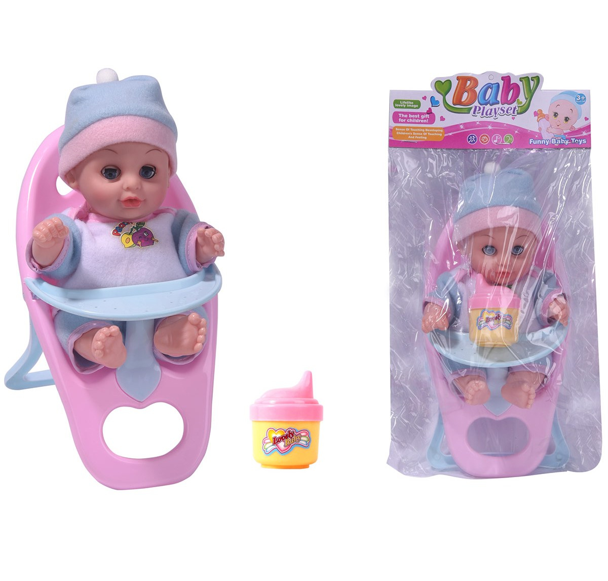 Бебе в стол за хранене с мигащи сини очи и чашка с капаче