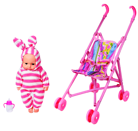 Количка за кукли с бебе облечено в гащеризонче с качулка и ушички