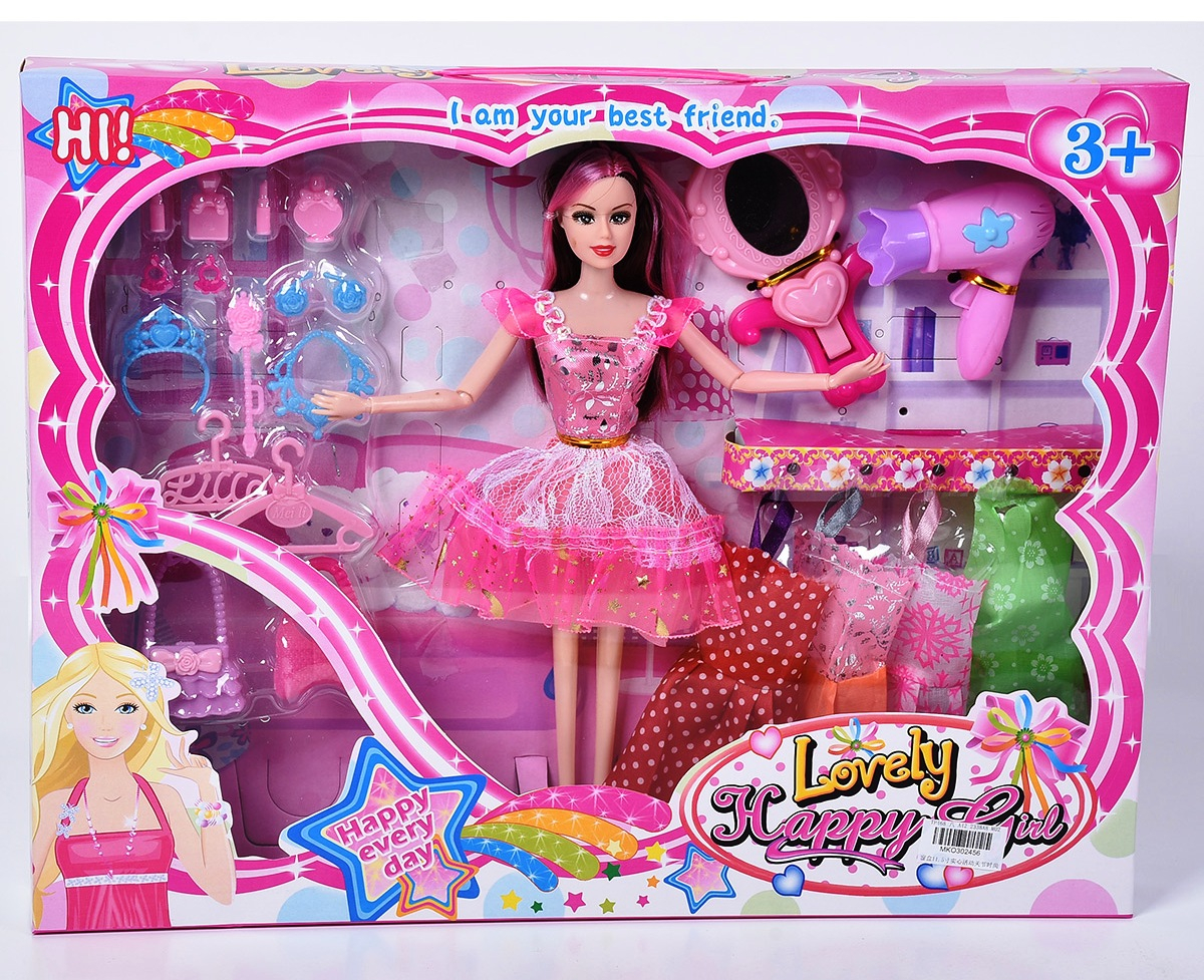 Кукла с подвижни ръце, 4 рокли, сешоар, огледало и още аксесоари