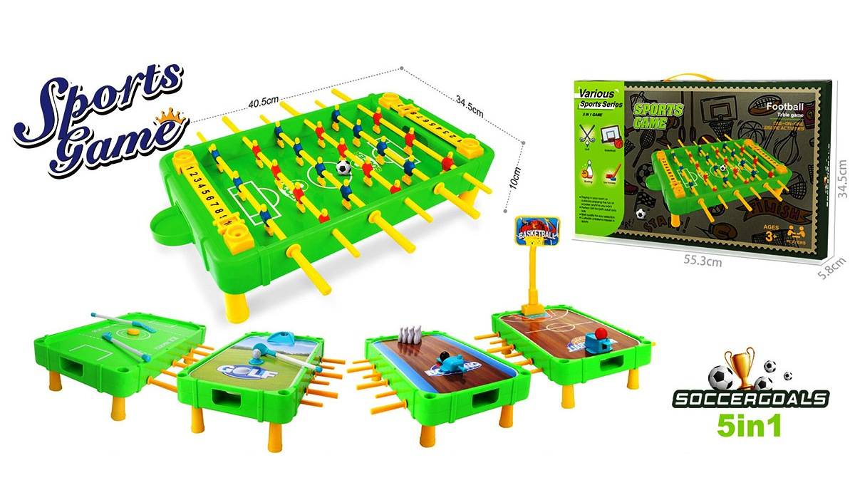 5в1 Настолна игра - футболна джага, мини баскетболен кош, хокей на лед, боулинг, голф