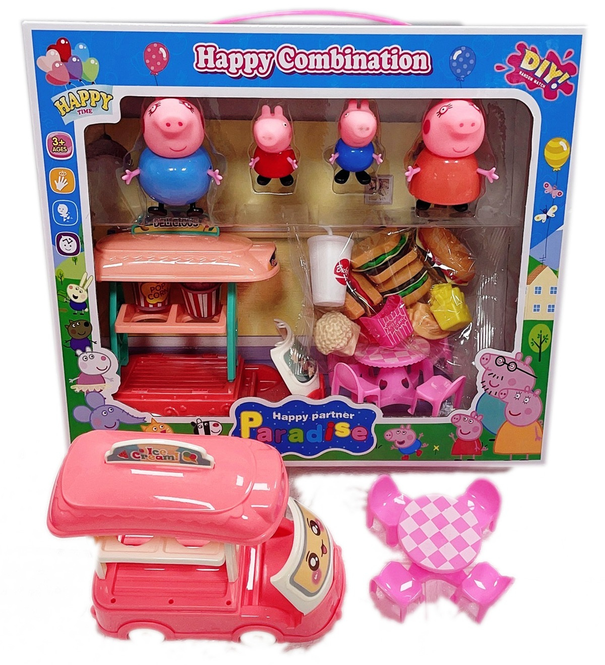 Бургер бус каравана с 4 прасенца, принадлежности и продукти за хранене