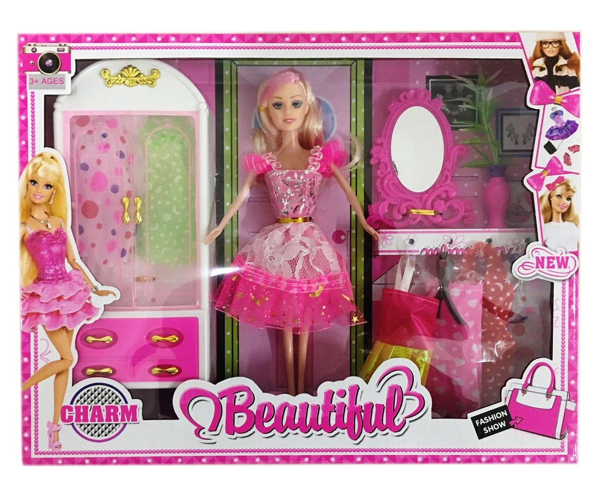 Кукла с гардероб, огледало и 6 рокли