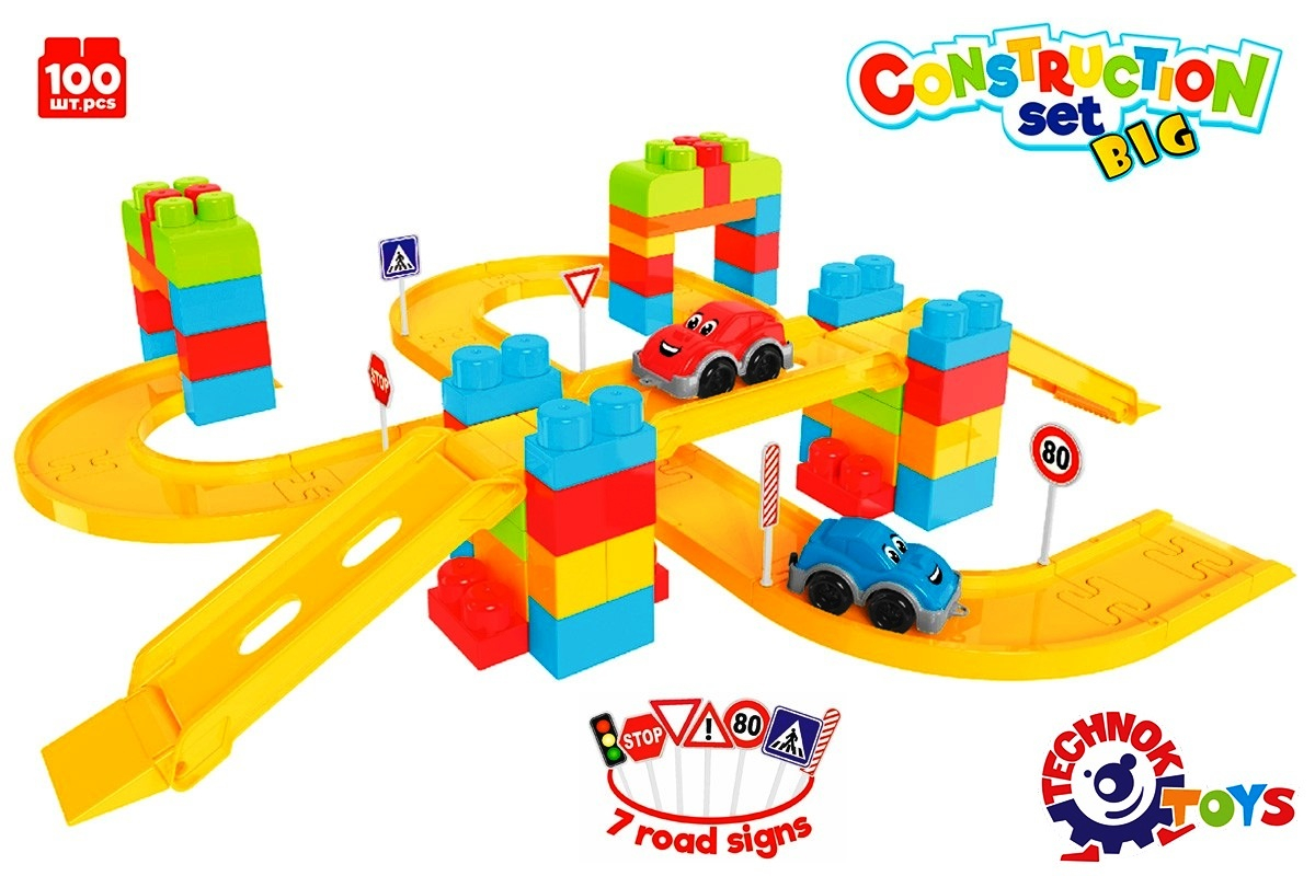 Комплект конструктор писта 100 части с колички и пътни знаци, 37х28х20см, TECHNOK, Украйна