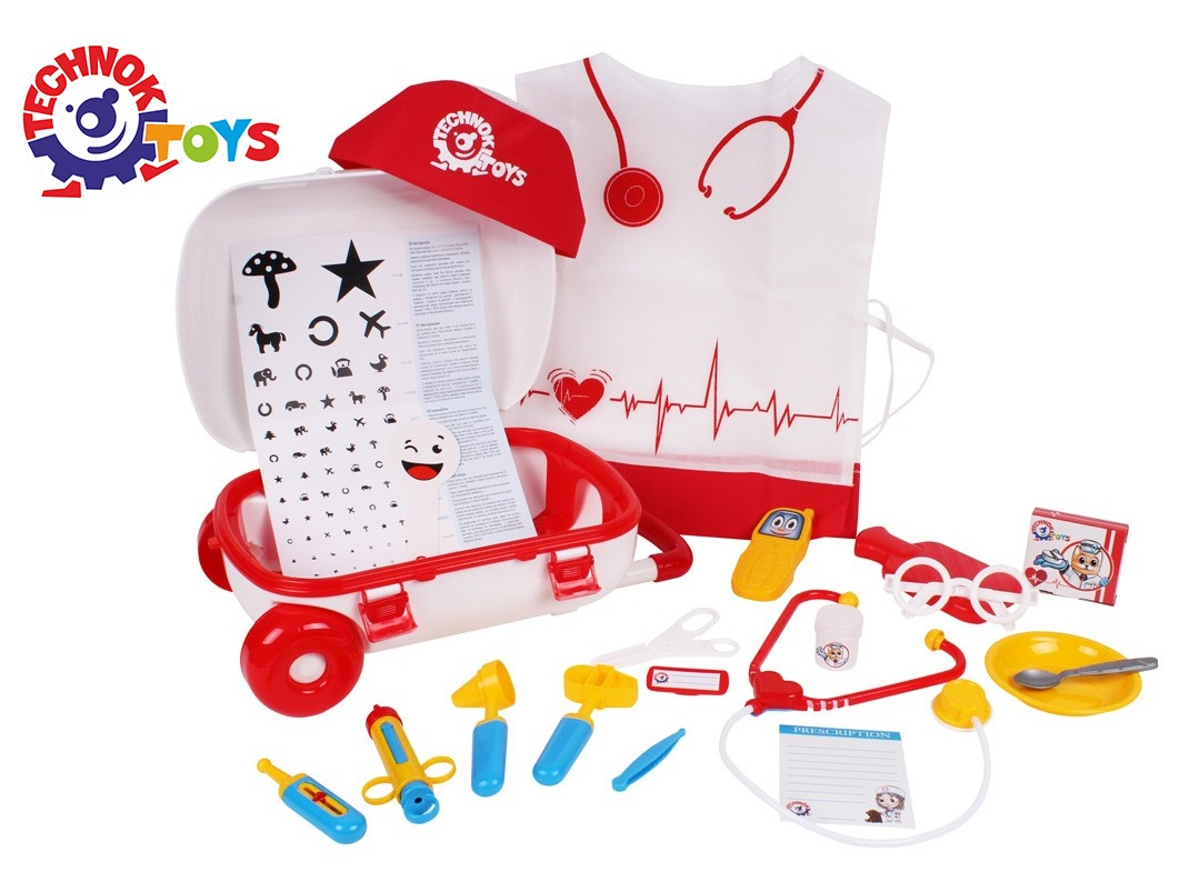Докторски комплект в куфарче с колела + манта и шапка, 21 части, TECHNOK, Украйна