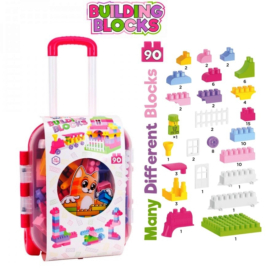 Конструктор в куфарче на колела и дръжка, 90 части, розово, TECHNOK, Украйна