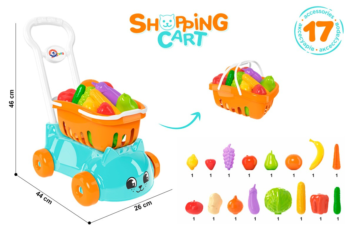 Количка с кошница и плодове, синя, 17 части, TECHNOK, Украйна