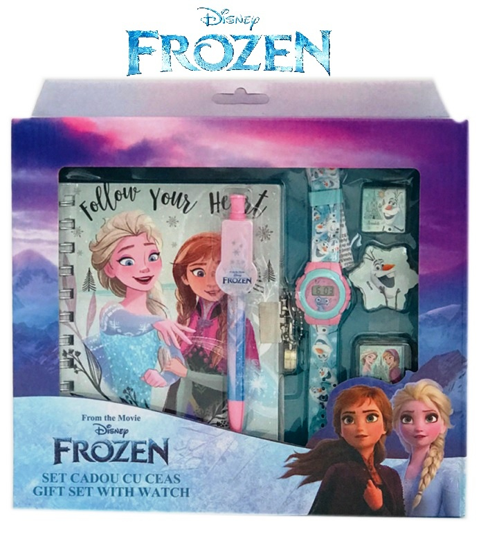 Подаръчен комплект FROZEN 6 части - дневник с катинарче, печат, гума, мастилница, химикал и часовник Замръзналото кралство