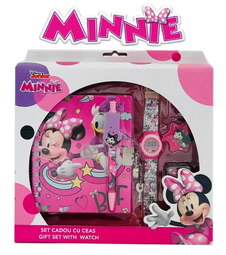Подаръчен комплект Minnie Mouse 6 части - дневник с катинарче, печат, гума, мастилница, химикал и часовник Мини Маус