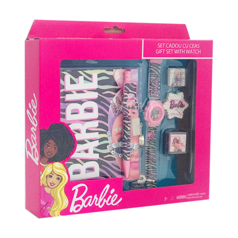 Подаръчен комплект BARBIE 6 части - дневник с катинарче, печат, гума, мастилница, химикал и часовник Барби