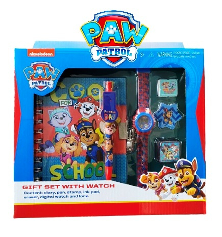 Подаръчен комплект PAW PATROL 6 части - дневник с катинарче, печат, гума, мастилница, химикал и часовник Пес Патрул