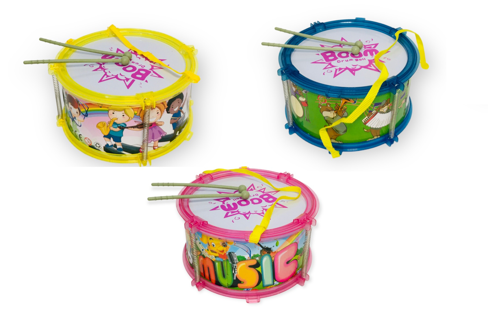 Барабан с две палки и презрамка за носене, три цвята