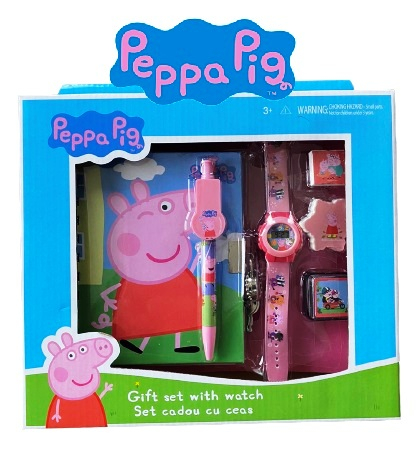 Подаръчен комплект PEPPA PIG 6 части - дневник с катинарче, печат, гума, мастилница, химикал и часовник Пепа Пиг