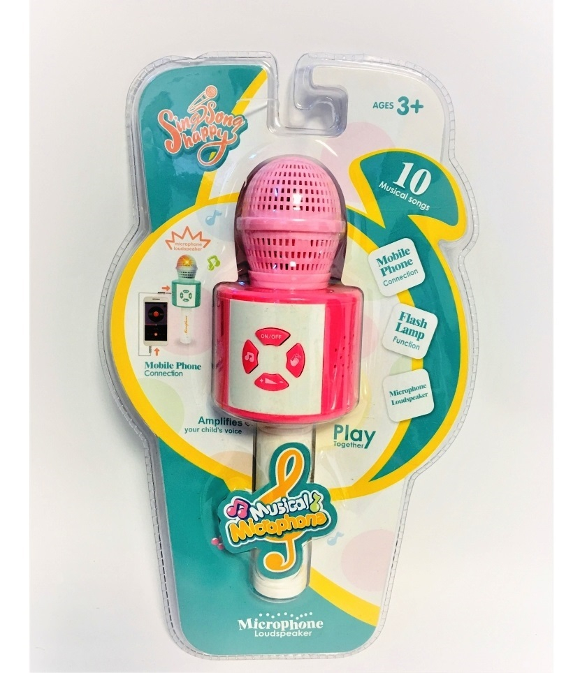 Микрофон с вградена тонколонка + 10 вградени мелодии + извод за свързване с телефон + Свелинни ефекти, розов цвят