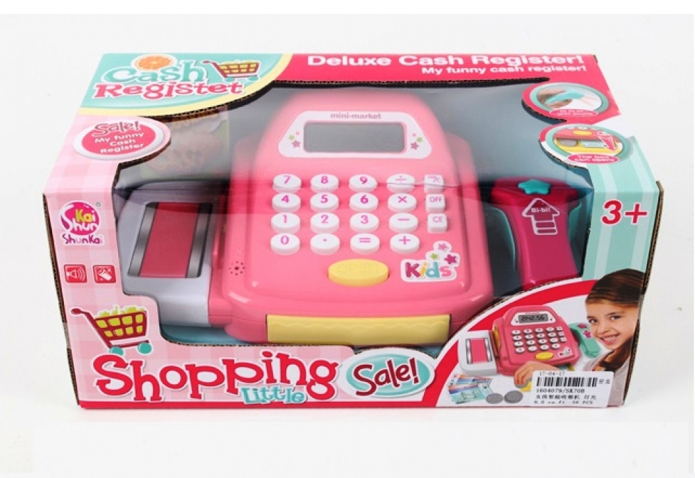 Касов апарат с банкноти, монети и баркод четец + Звук и Светлини, Розов