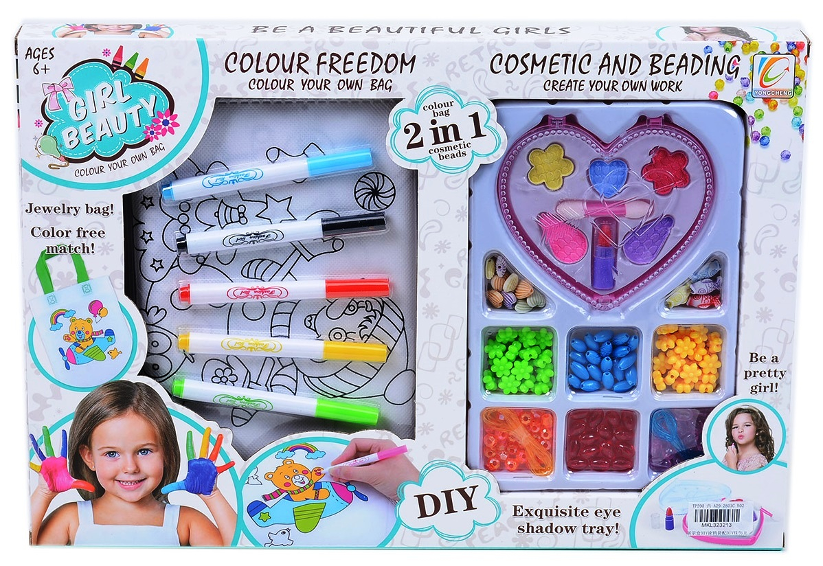 2в1 Комплект гримове, мъниста и Чанта за оцветяване с 5 флумастера