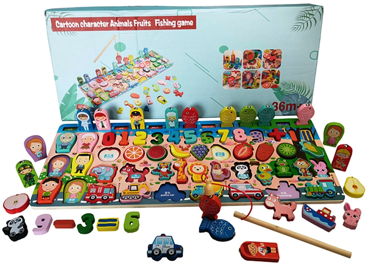 Образователна Дървена Монтесори Игра 7в1 с Риболов, Цифри, Превозни средства, Математически знаци, Плодчета, и Други | IGUANA.BG