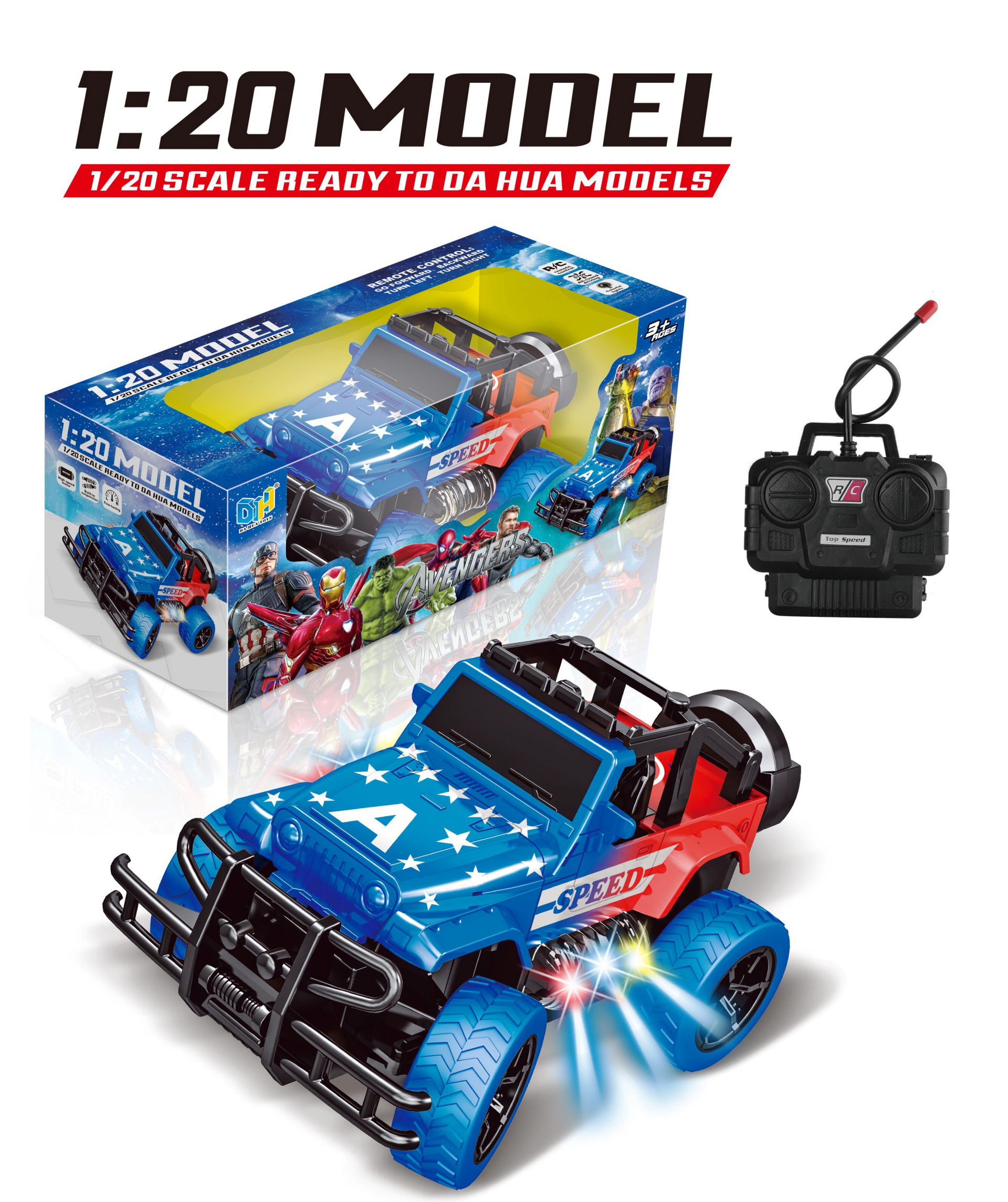 Офроуд Джип с радиоконтрол и светлини, 4 посоки на движение и гумени колела, Капитан Супергерой