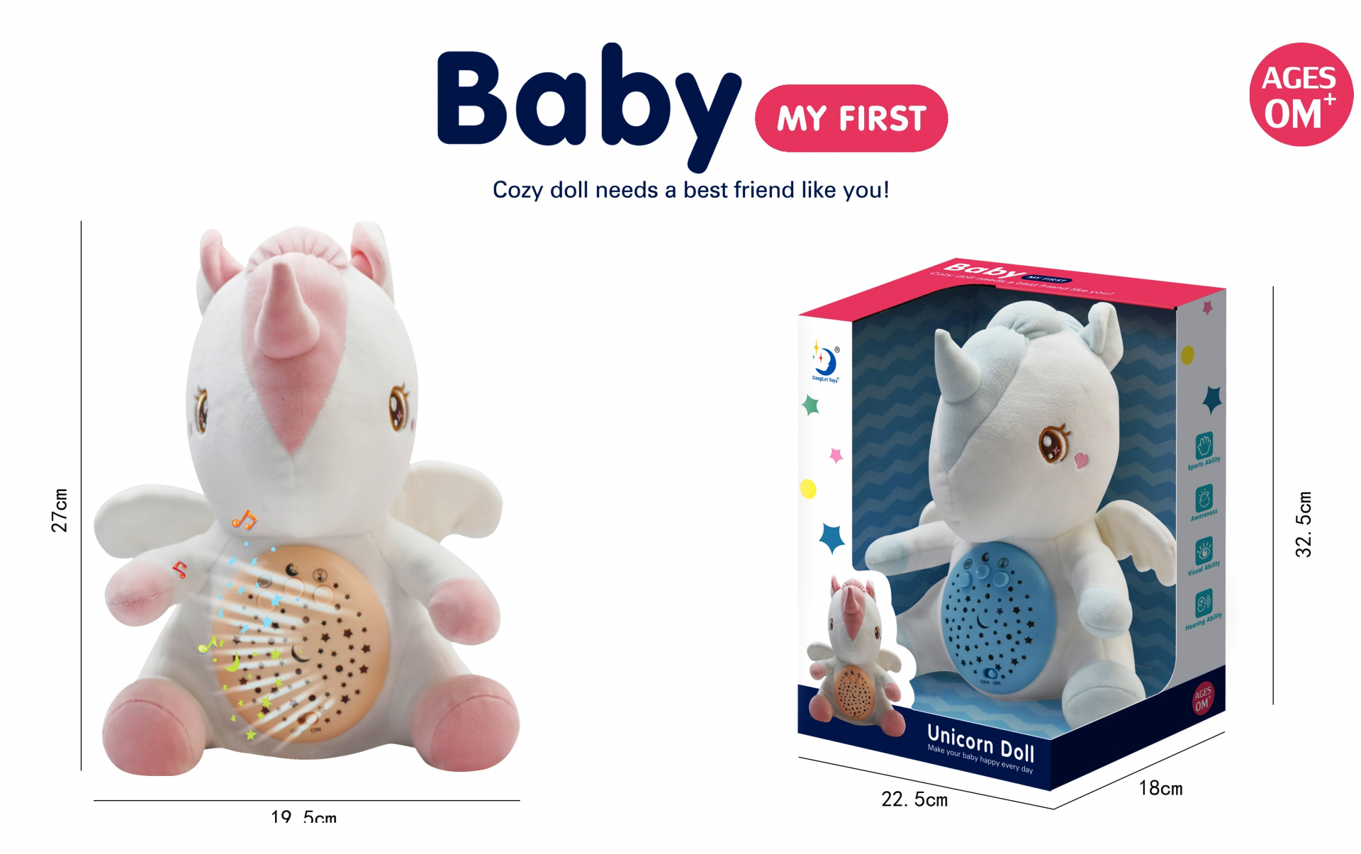 Плюшен Еднорог - Нощна Лампа 2в1, с бял шум, нежни мелодии и светлини, два цвята