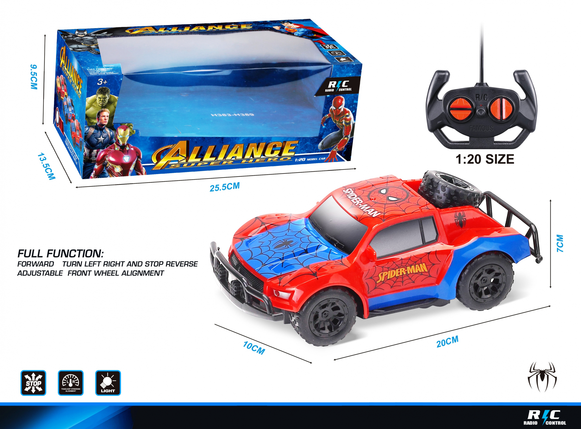 Джип с радиоконтрол и светлини, 4 посоки на движение и гумени колела, Човека паяк