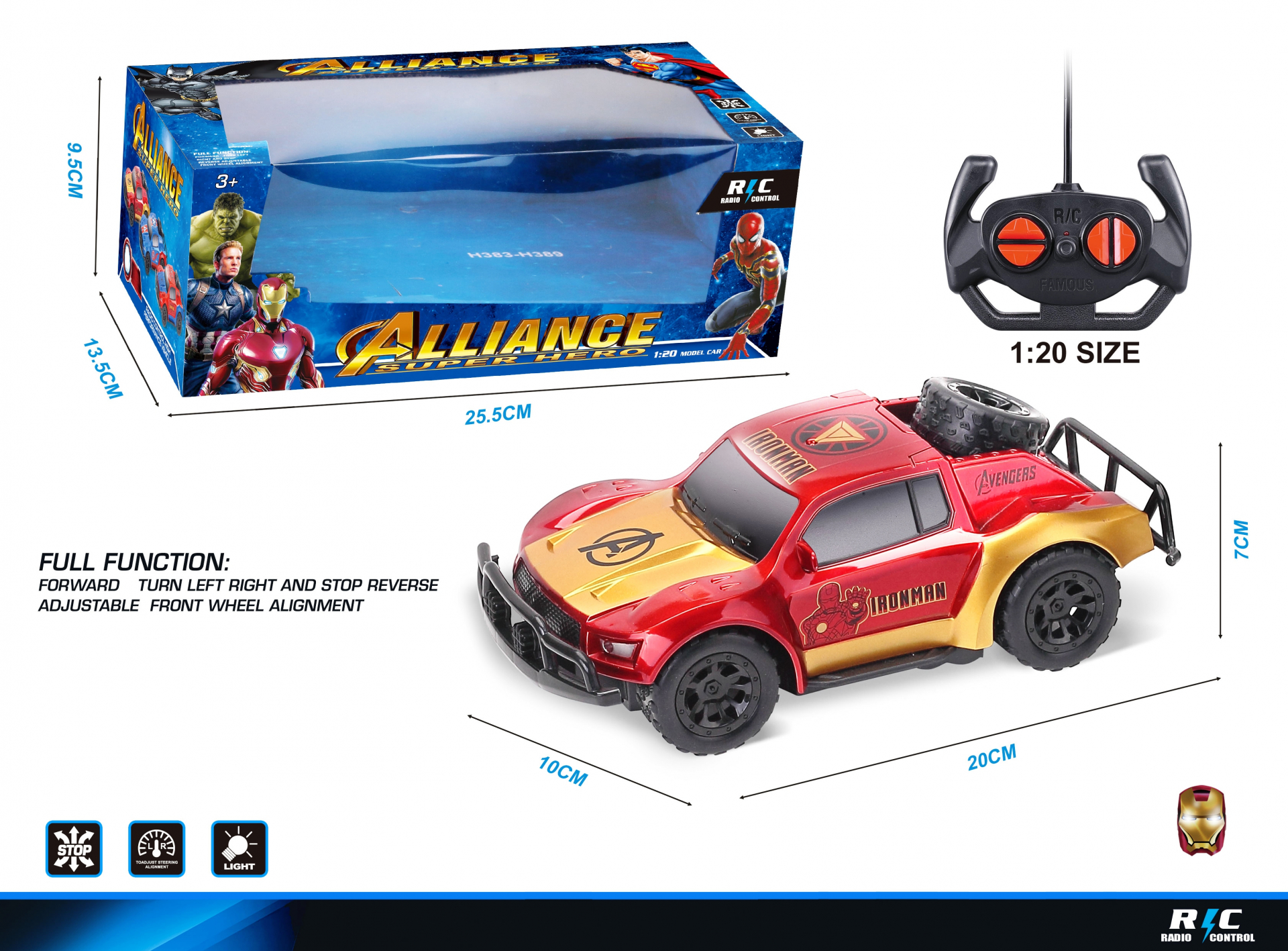 Джип с радиоконтрол и светлини, 4 посоки на движение и гумени колела, Железен супергерой