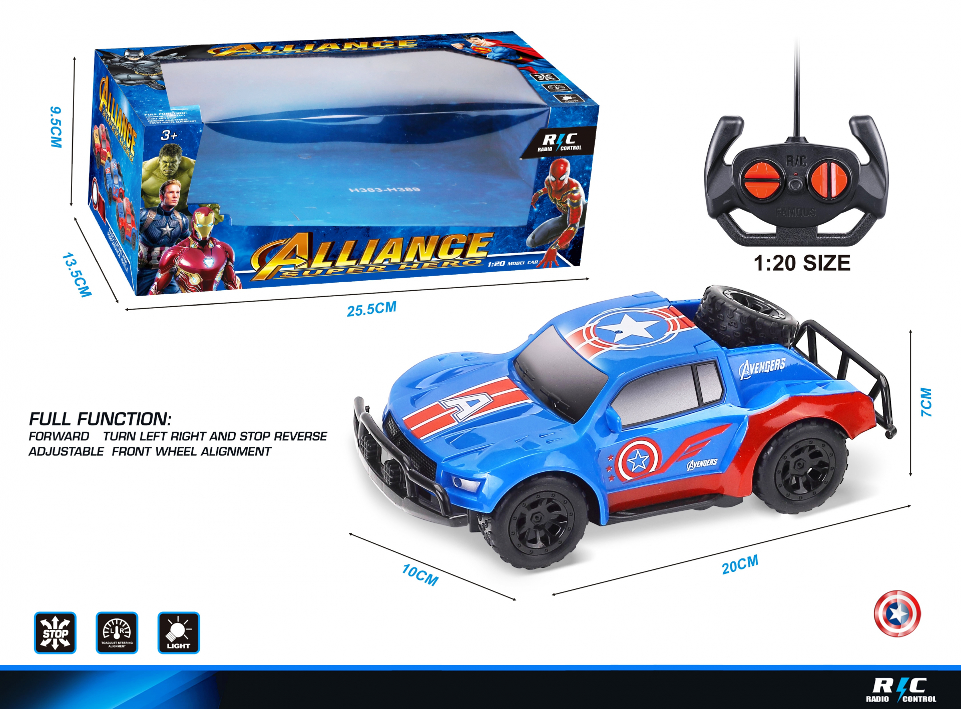 Джип с радиоконтрол и светлини, 4 посоки на движение и гумени колела, Син капитан супергерой