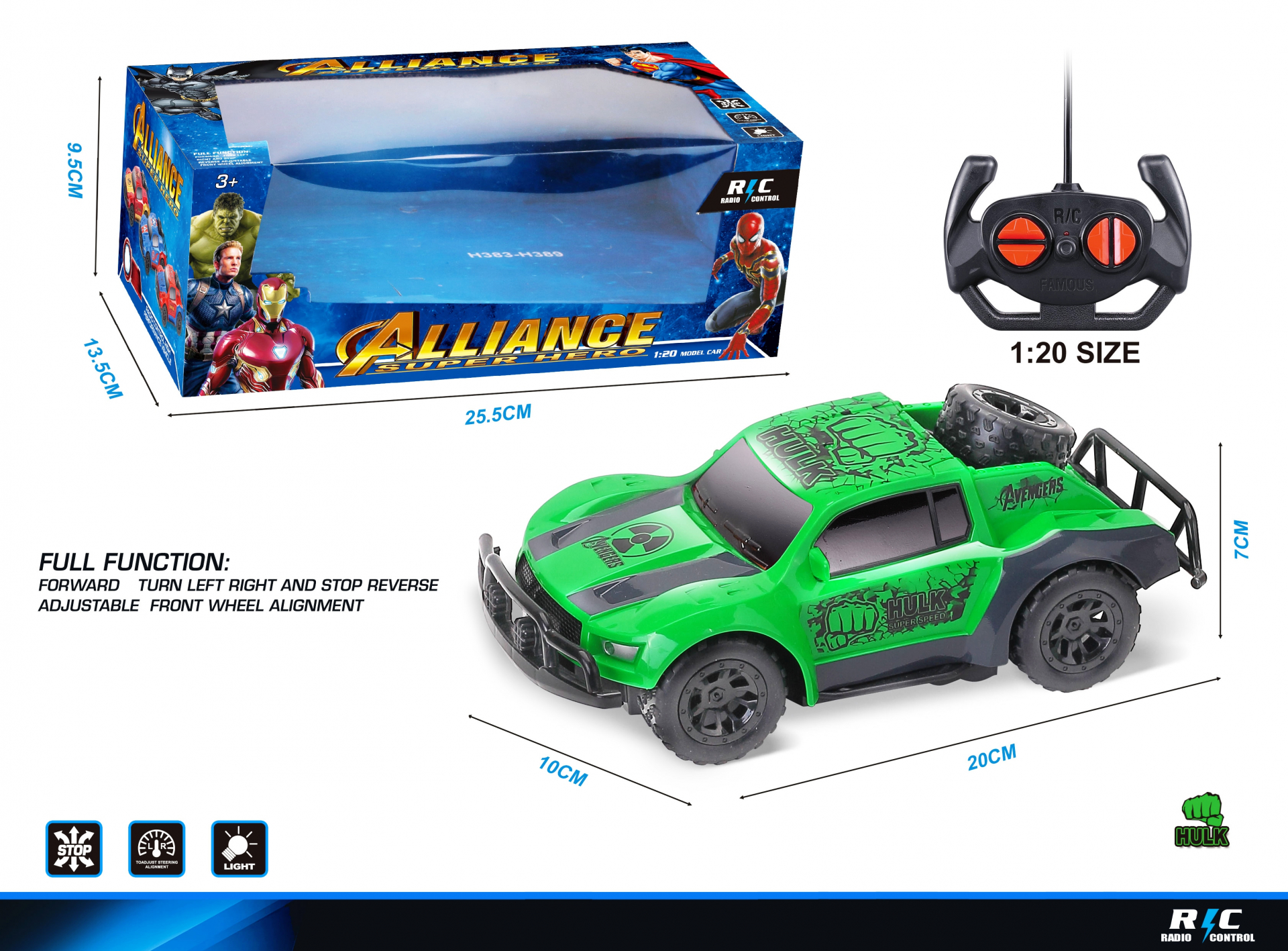 Джип с радиоконтрол и светлини, 4 посоки на движение и гумени колела, Зелен супергерой